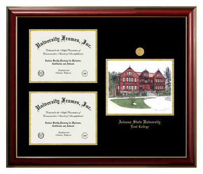 Arizona State University East College Triple Opening with Campus Image Frame in Classic Mahogany with Gold Trim with Black & Gold Mats for DOCUMENT: 8 1/2"H X 11"W  , DOCUMENT: 8 1/2"H X 11"W  