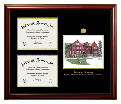 Arizona State University School of Educational Innovation and Teacher Preparation Triple Opening with Campus Image Frame in Classic Mahogany with Gold Trim with Black & Gold Mats for DOCUMENT: 8 1/2"H X 11"W  , DOCUMENT: 8 1/2"H X 11"W  