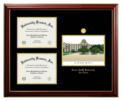 Texas A&M University Cum Laude Triple Opening with Campus Image Frame in Classic Mahogany with Gold Trim with Black & Gold Mats for document: 8 1/2"h x 11"w  , document: 8 1/2"h x 11"w  