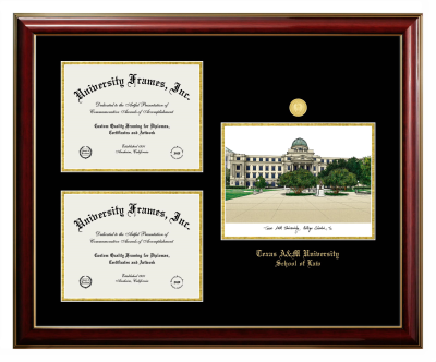 Texas A&M University School of Law Triple Opening with Campus Image Frame in Classic Mahogany with Gold Trim with Black & Gold Mats for document: 8 1/2"h x 11"w  , document: 8 1/2"h x 11"w  