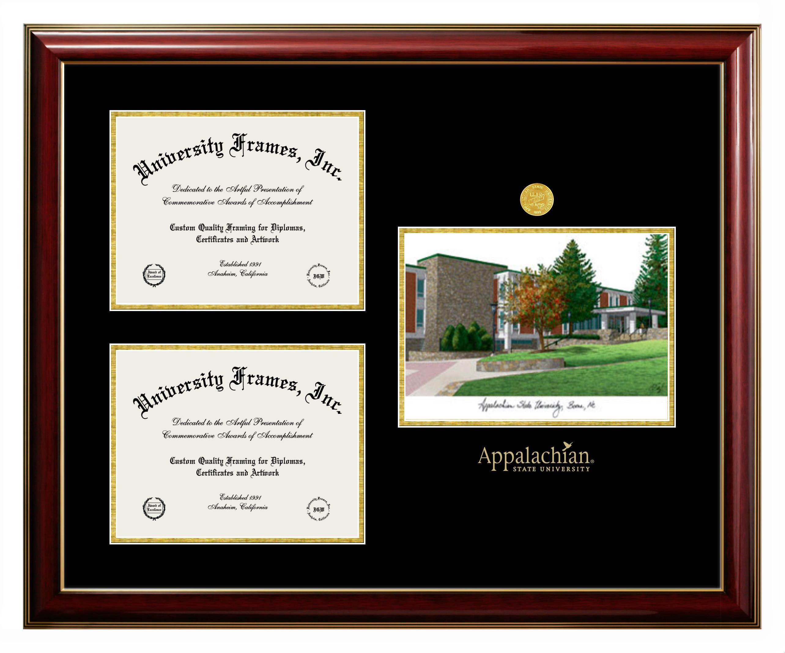 Appalachian State University Appalachian State University Triple Opening with Campus Image Frame in Classic Mahogany with Gold Trim with Black & Gold Mats for DOCUMENT: 8 1/2"H X 11"W  , DOCUMENT: 8 1/2"H X 11"W  