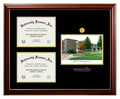 Appalachian State University Triple Opening with Campus Image Frame in Classic Mahogany with Gold Trim with Black & Gold Mats for DOCUMENT: 8 1/2"H X 11"W  , DOCUMENT: 8 1/2"H X 11"W  