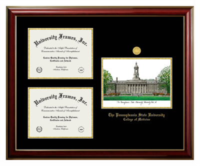 Pennsylvania State University College of Medicine Triple Opening with Campus Image Frame in Classic Mahogany with Gold Trim with Black & Gold Mats for document: 8 1/2"h x 11"w  , document: 8 1/2"h x 11"w  