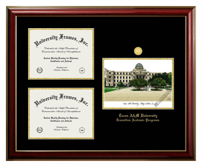 Texas A&M University Transition Academic Programs Triple Opening with Campus Image Frame in Classic Mahogany with Gold Trim with Black & Gold Mats for document: 8 1/2"h x 11"w  , document: 8 1/2"h x 11"w  