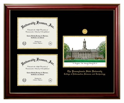 Pennsylvania State University College of Information Sciences and Technology Triple Opening with Campus Image Frame in Classic Mahogany with Gold Trim with Black & Gold Mats for document: 8 1/2"h x 11"w  , document: 8 1/2"h x 11"w  