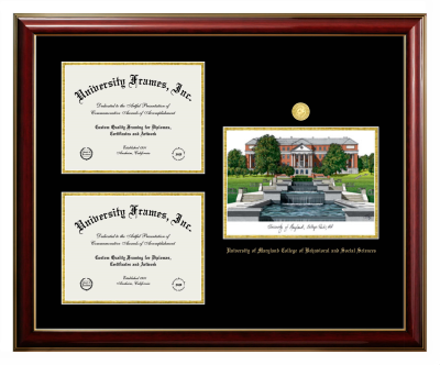 University of Maryland College of Behavioral and Social Sciences Triple Opening with Campus Image Frame in Classic Mahogany with Gold Trim with Black & Gold Mats for document: 8 1/2"h x 11"w  , document: 8 1/2"h x 11"w  