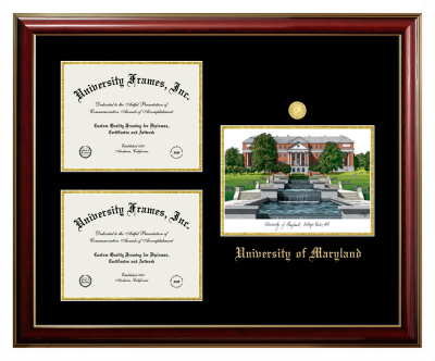 University of Maryland Triple Opening with Campus Image Frame in Classic Mahogany with Gold Trim with Black & Gold Mats for DOCUMENT: 8 1/2"H X 11"W  , DOCUMENT: 8 1/2"H X 11"W  