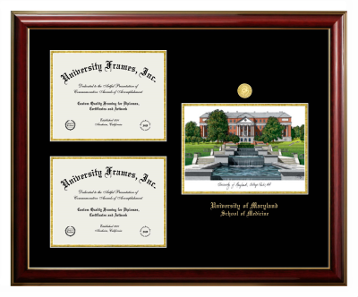 University of Maryland School of Medicine Triple Opening with Campus Image Frame in Classic Mahogany with Gold Trim with Black & Gold Mats for document: 8 1/2"h x 11"w  , document: 8 1/2"h x 11"w  
