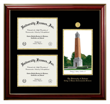 University of Alabama (Tuscaloosa) College of Human Environmental Sciences Triple Opening with Campus Image Frame in Classic Mahogany with Gold Trim with Black & Gold Mats for document: 8 1/2"h x 11"w  , document: 8 1/2"h x 11"w  