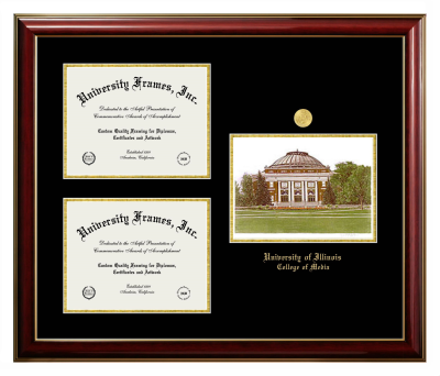 University of Illinois College of Media Triple Opening with Campus Image Frame in Classic Mahogany with Gold Trim with Black & Gold Mats for document: 8 1/2"h x 11"w  , document: 8 1/2"h x 11"w  