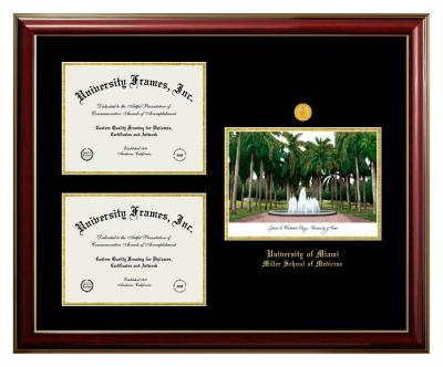 University of Miami Miller School of Medicine Triple Opening with Campus Image Frame in Classic Mahogany with Gold Trim with Black & Gold Mats for document: 8 1/2"h x 11"w  , document: 8 1/2"h x 11"w  