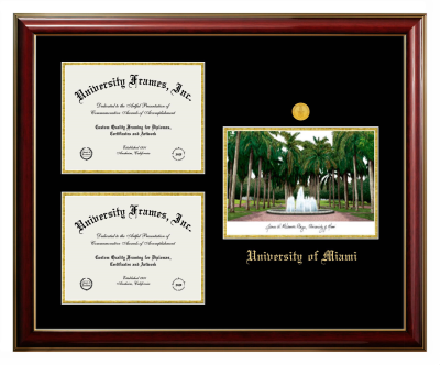 University of Miami Triple Opening with Campus Image Frame in Classic Mahogany with Gold Trim with Black & Gold Mats for DOCUMENT: 8 1/2"H X 11"W  , DOCUMENT: 8 1/2"H X 11"W  