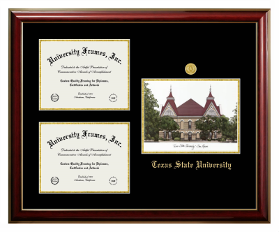 Texas State University Triple Opening with Campus Image Frame in Classic Mahogany with Gold Trim with Black & Gold Mats for DOCUMENT: 8 1/2"H X 11"W  , DOCUMENT: 8 1/2"H X 11"W  