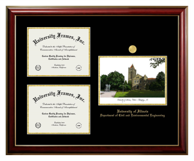 University of Illinois Department of Civil and Environmental Engineering Triple Opening with Campus Image Frame in Classic Mahogany with Gold Trim with Black & Gold Mats for document: 8 1/2"h x 11"w  , document: 8 1/2"h x 11"w  