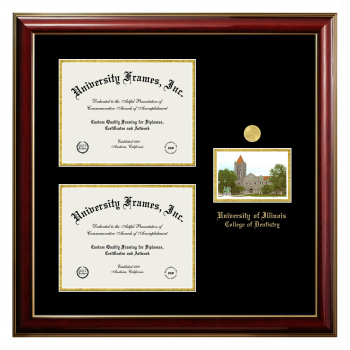 University of Illinois College of Dentistry Triple Opening with Campus Image Frame in Classic Mahogany with Gold Trim with Black & Gold Mats for document: 8 1/2"h x 11"w  , document: 8 1/2"h x 11"w  