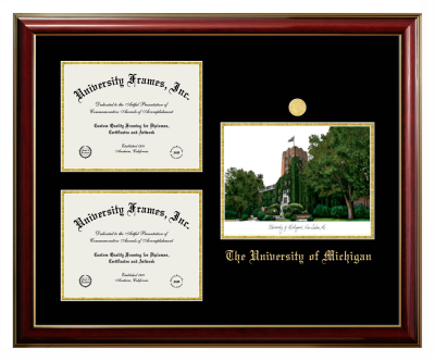 University of Michigan Triple Opening with Campus Image Frame in Classic Mahogany with Gold Trim with Black & Gold Mats for DOCUMENT: 8 1/2"H X 11"W  , DOCUMENT: 8 1/2"H X 11"W  