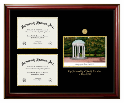 University of North Carolina at Chapel Hill Triple Opening with Campus Image Frame in Classic Mahogany with Gold Trim with Black & Gold Mats for DOCUMENT: 8 1/2"H X 11"W  , DOCUMENT: 8 1/2"H X 11"W  