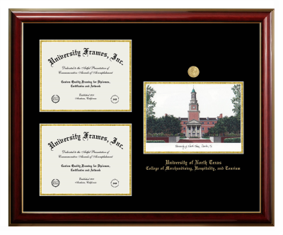 University of North Texas College of Merchandising, Hospitality, and Tourism Triple Opening with Campus Image Frame in Classic Mahogany with Gold Trim with Black & Gold Mats for document: 8 1/2"h x 11"w  , document: 8 1/2"h x 11"w  