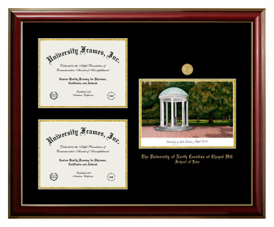 University of North Carolina at Chapel Hill School of Law Triple Opening with Campus Image Frame in Classic Mahogany with Gold Trim with Black & Gold Mats for document: 8 1/2"h x 11"w  , document: 8 1/2"h x 11"w  