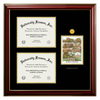 Elmira College Triple Opening with Campus Image Frame in Classic Mahogany with Gold Trim with Black & Gold Mats for DOCUMENT: 8 1/2"H X 11"W  , DOCUMENT: 8 1/2"H X 11"W  