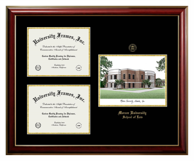 Mercer University School of Law Triple Opening with Campus Image Frame in Classic Mahogany with Gold Trim with Black & Gold Mats for document: 8 1/2"h x 11"w  , document: 8 1/2"h x 11"w  