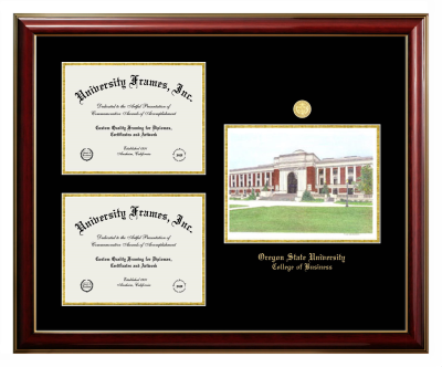 Oregon State University College of Business Triple Opening with Campus Image Frame in Classic Mahogany with Gold Trim with Black & Gold Mats for document: 8 1/2"h x 11"w  , document: 8 1/2"h x 11"w  