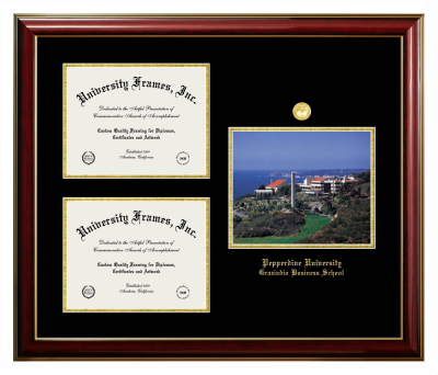 Pepperdine University Graziadio Business School Triple Opening with Campus Image Frame in Classic Mahogany with Gold Trim with Black & Gold Mats for document: 8 1/2"h x 11"w  , document: 8 1/2"h x 11"w  