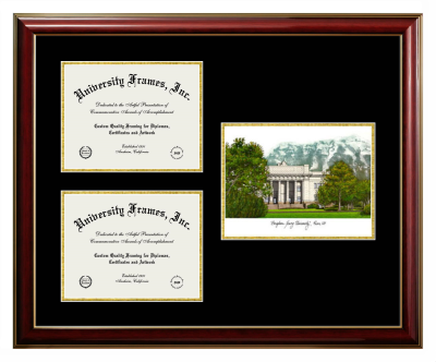 Brigham Young University J. Reuben Clark Law School Triple Opening with Campus Image Frame in Classic Mahogany with Gold Trim with Black & Gold Mats for DOCUMENT: 8 1/2"H X 11"W  , DOCUMENT: 8 1/2"H X 11"W  