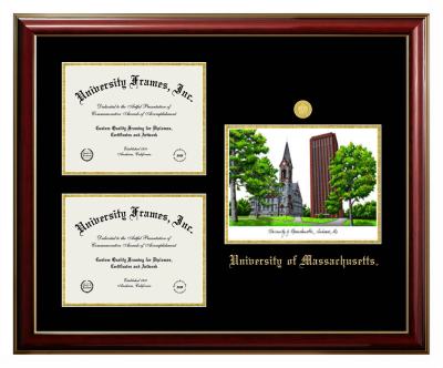 University of Massachusetts Triple Opening with Campus Image Frame in Classic Mahogany with Gold Trim with Black & Gold Mats for  8 1/2"h x 11"w  ,  8 1/2"h x 11"w  