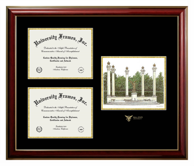 Ball State University Triple Opening with Campus Image Frame in Classic Mahogany with Gold Trim with Black & Gold Mats for DOCUMENT: 8 1/2"H X 11"W  , DOCUMENT: 8 1/2"H X 11"W  