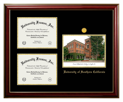 University of Southern California Triple Opening with Campus Image Frame in Classic Mahogany with Gold Trim with Black & Gold Mats for DOCUMENT: 8 1/2"H X 11"W  , DOCUMENT: 8 1/2"H X 11"W  