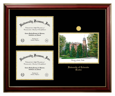 University of Colorado Boulder Triple Opening with Campus Image Frame in Classic Mahogany with Gold Trim with Black & Gold Mats for DOCUMENT: 8 1/2"H X 11"W  , DOCUMENT: 8 1/2"H X 11"W  