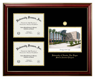 University of Nevada Las Vegas Medical Assistant Program Triple Opening with Campus Image Frame in Classic Mahogany with Gold Trim with Black & Gold Mats for DOCUMENT: 8 1/2"H X 11"W  , DOCUMENT: 8 1/2"H X 11"W  