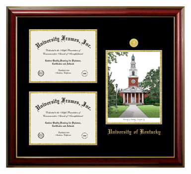 University of Kentucky Triple Opening with Campus Image Frame in Classic Mahogany with Gold Trim with Black & Gold Mats for DOCUMENT: 8 1/2"H X 11"W  , DOCUMENT: 8 1/2"H X 11"W  