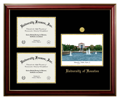 University of Houston Triple Opening with Campus Image Frame in Classic Mahogany with Gold Trim with Black & Gold Mats for DOCUMENT: 8 1/2"H X 11"W  , DOCUMENT: 8 1/2"H X 11"W  