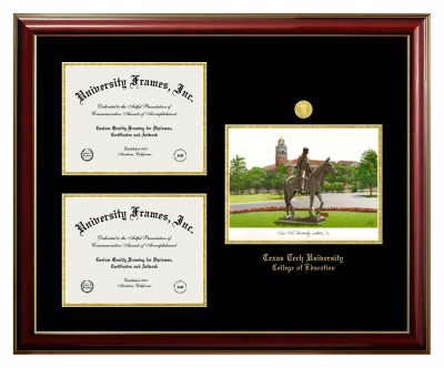 Texas Tech University College of Education Triple Opening with Campus Image Frame in Classic Mahogany with Gold Trim with Black & Gold Mats for document: 8 1/2"h x 11"w  , document: 8 1/2"h x 11"w  