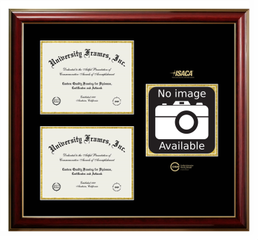 Certified Information Security Manager (ISACA) Triple Opening with Campus Image Frame in Classic Mahogany with Gold Trim with Black & Gold Mats for DOCUMENT: 8 1/2"H X 11"W  , DOCUMENT: 8 1/2"H X 11"W  