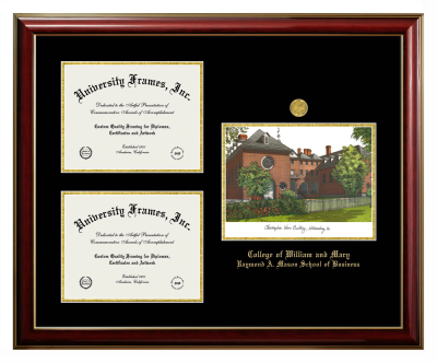 College of William and Mary Raymond A. Mason School of Business Triple Opening with Campus Image Frame in Classic Mahogany with Gold Trim with Black & Gold Mats for document: 8 1/2"h x 11"w  , document: 8 1/2"h x 11"w  