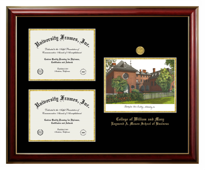 College of William and Mary Raymond A. Mason School of Business Triple Opening with Campus Image Frame in Classic Mahogany with Gold Trim with Black & Gold Mats for DOCUMENT: 8 1/2"H X 11"W  , DOCUMENT: 8 1/2"H X 11"W  
