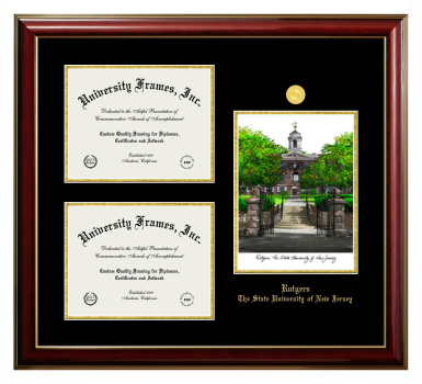 Rutgers The State University of New Jersey Triple Opening with Campus Image Frame in Classic Mahogany with Gold Trim with Black & Gold Mats for DOCUMENT: 8 1/2"H X 11"W  , DOCUMENT: 8 1/2"H X 11"W  