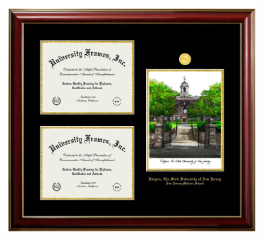 Rutgers The State University of New Jersey New Jersey Medical School Triple Opening with Campus Image Frame in Classic Mahogany with Gold Trim with Black & Gold Mats for document: 8 1/2"h x 11"w  , document: 8 1/2"h x 11"w  