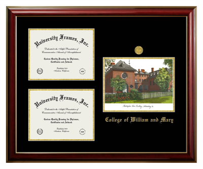 College of William and Mary Triple Opening with Campus Image Frame in Classic Mahogany with Gold Trim with Black & Gold Mats for DOCUMENT: 8 1/2"H X 11"W  , DOCUMENT: 8 1/2"H X 11"W  