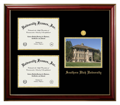 Southern Utah University Triple Opening with Campus Image Frame in Classic Mahogany with Gold Trim with Black & Gold Mats for document: 8 1/2"h x 11"w  , document: 8 1/2"h x 11"w  