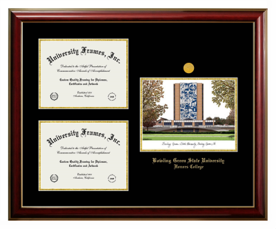 Bowling Green State University Honors College Triple Opening with Campus Image Frame in Classic Mahogany with Gold Trim with Black & Gold Mats for document: 8 1/2"h x 11"w  , document: 8 1/2"h x 11"w  