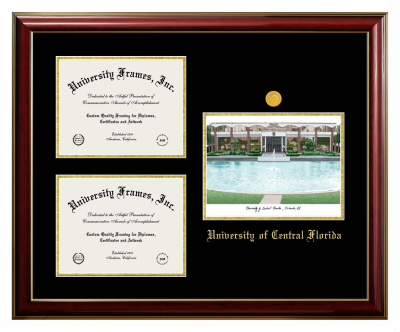 University of Central Florida Triple Opening with Campus Image Frame in Classic Mahogany with Gold Trim with Black & Gold Mats for DOCUMENT: 8 1/2"H X 11"W  , DOCUMENT: 8 1/2"H X 11"W  