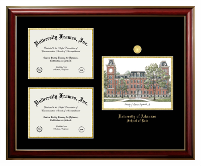 University of Arkansas (Fayetteville) School of Law Triple Opening with Campus Image Frame in Classic Mahogany with Gold Trim with Black & Gold Mats for document: 8 1/2"h x 11"w  , document: 8 1/2"h x 11"w  
