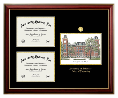 University of Arkansas (Fayetteville) College of Engineering Triple Opening with Campus Image Frame in Classic Mahogany with Gold Trim with Black & Gold Mats for document: 8 1/2"h x 11"w  , document: 8 1/2"h x 11"w  