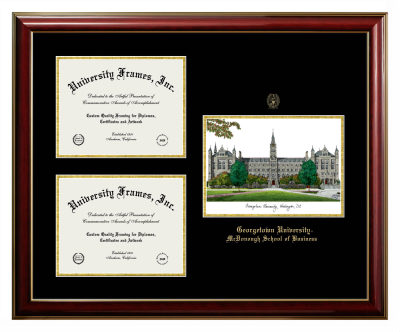 Georgetown University McDonough School of Business Triple Opening with Campus Image Frame in Classic Mahogany with Gold Trim with Black & Gold Mats for document: 8 1/2"h x 11"w  , document: 8 1/2"h x 11"w  