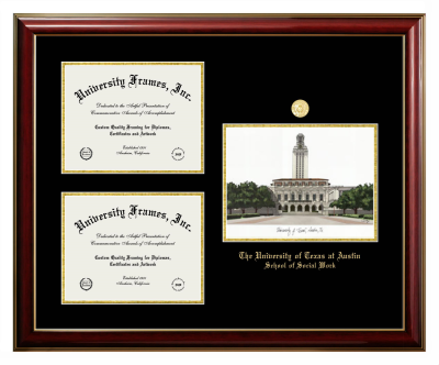 University of Texas at Austin School of Social Work Triple Opening with Campus Image Frame in Classic Mahogany with Gold Trim with Black & Gold Mats for document: 8 1/2"h x 11"w  , document: 8 1/2"h x 11"w  