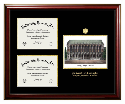 University of Washington Milgard School of Business Triple Opening with Campus Image Frame in Classic Mahogany with Gold Trim with Black & Gold Mats for document: 8 1/2"h x 11"w  , document: 8 1/2"h x 11"w  